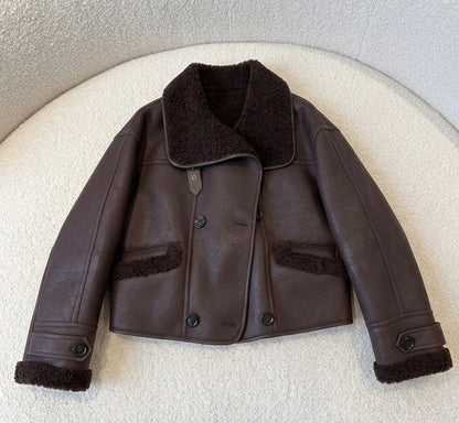 Veste Courte Doublée en Cuir et Fourrure pour Femme