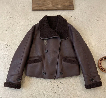 Veste Courte Doublée en Cuir et Fourrure pour Femme