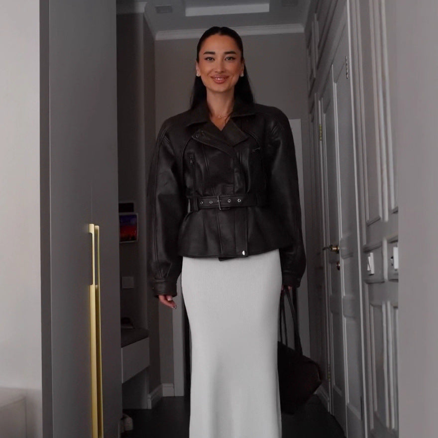 Veste en cuir tendance avec ceinture