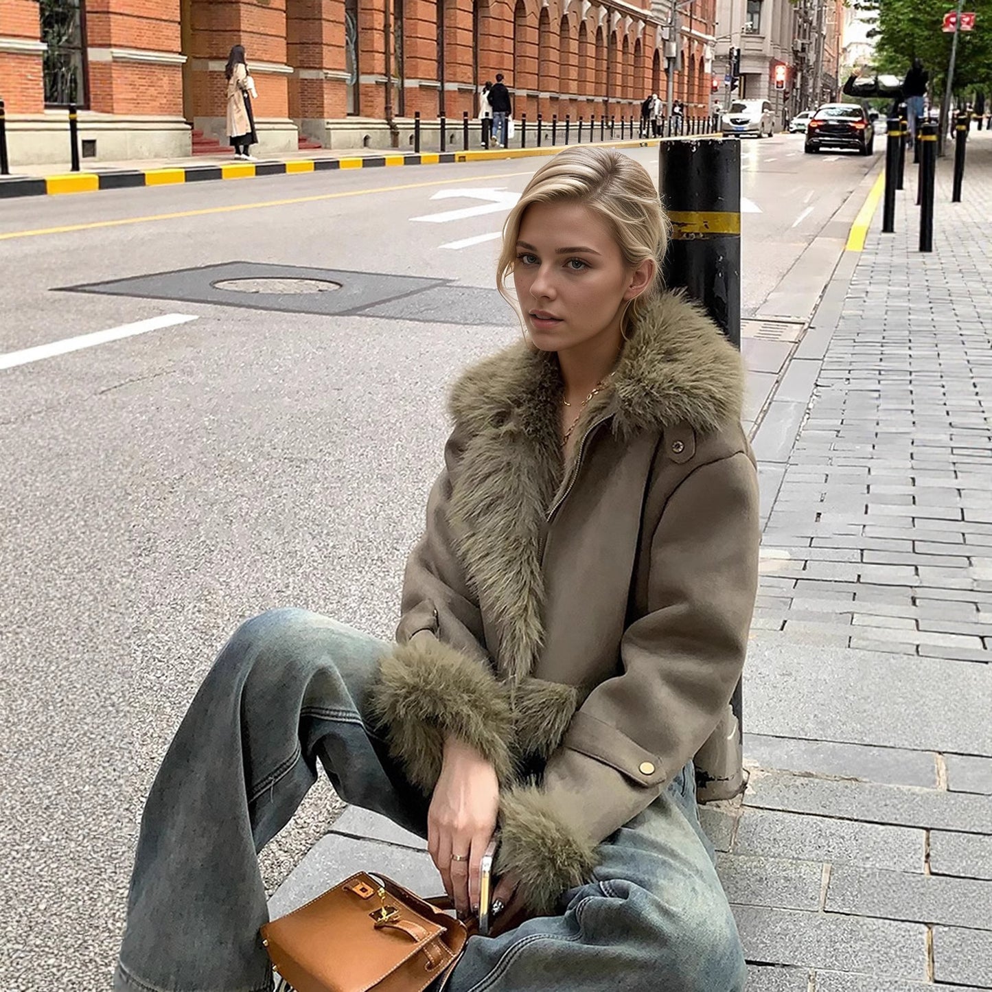 Blouson Biker court en cuir et fourrure